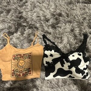 Sun Graphic Crop Top and Cow Print Lace Shorts
